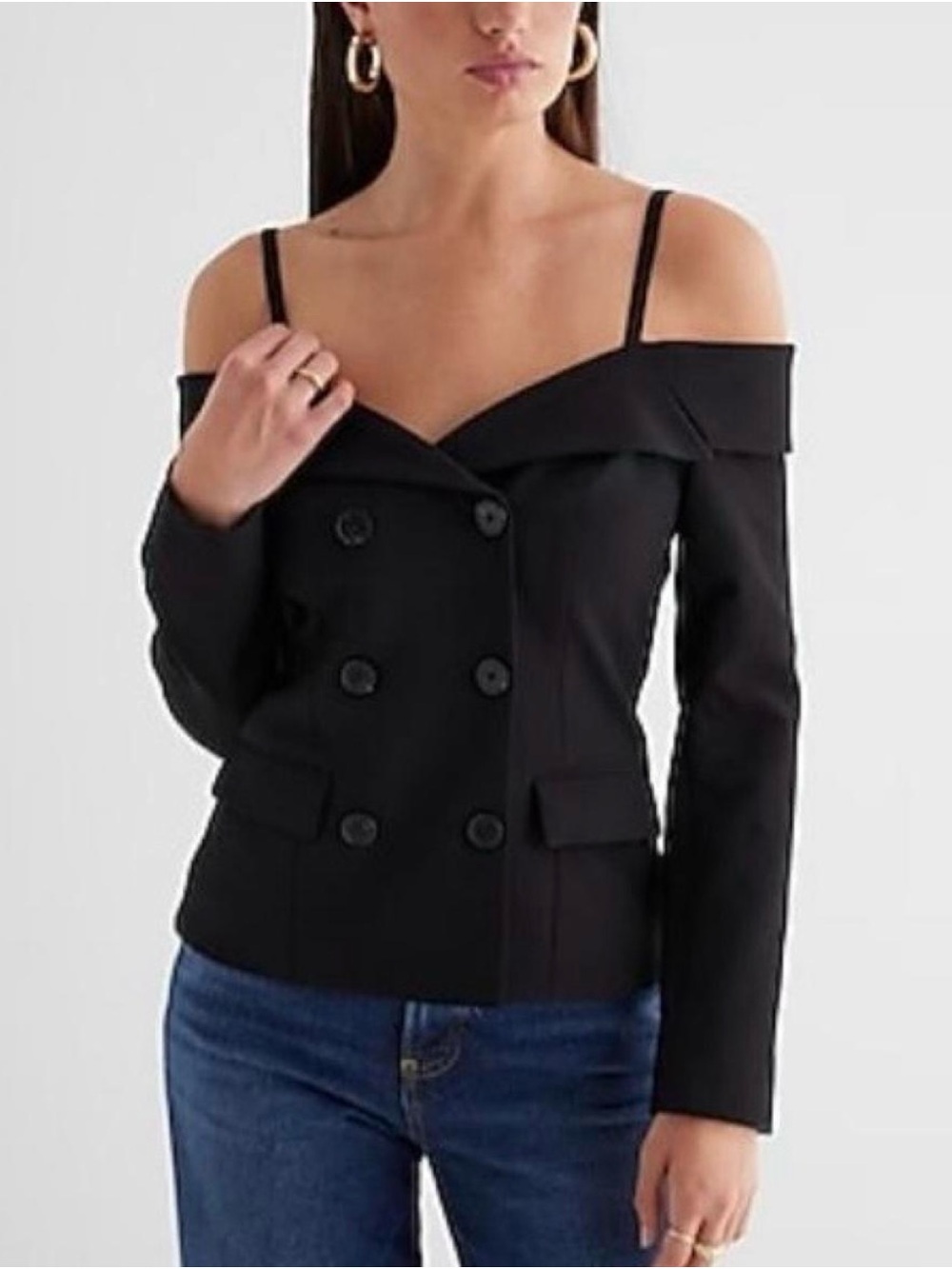 Express Black Off-Shoulder Double-Breasted Top with Straps